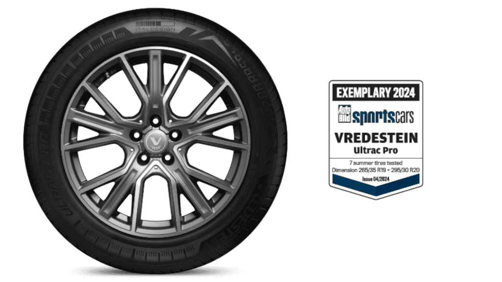 Front view of the Vredestein Ultrac Pro tyre with test result label.