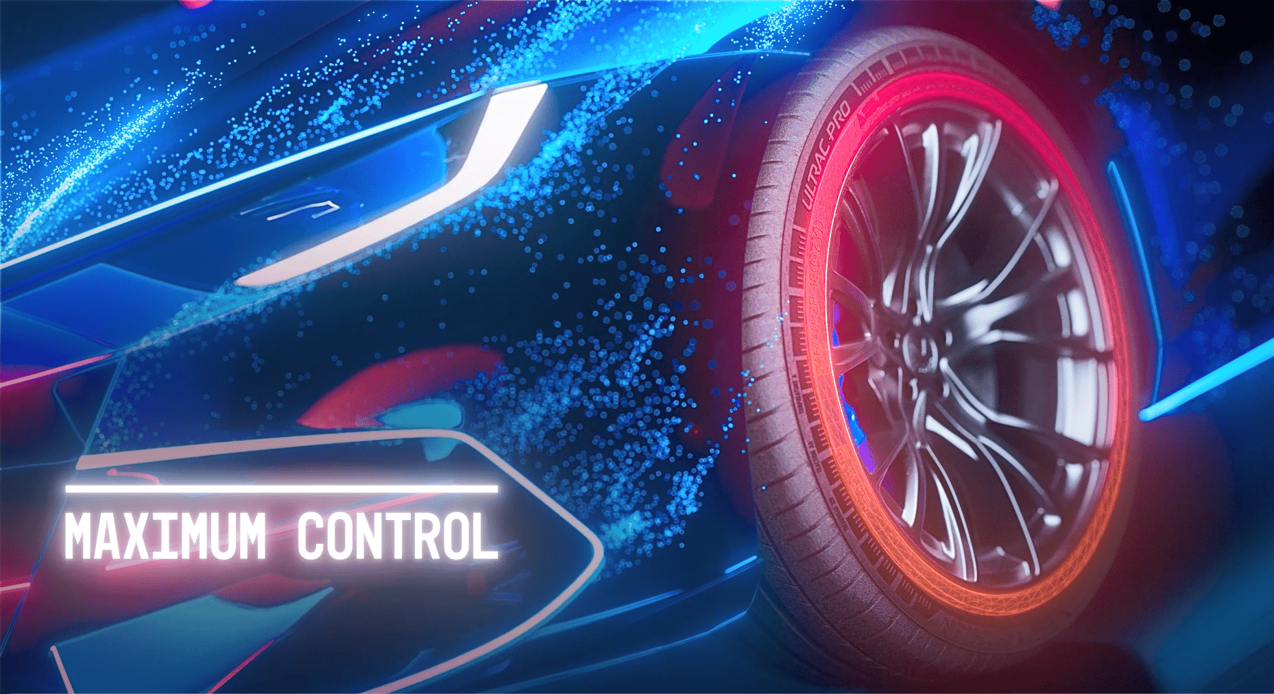 Stylized side front view of car, showcasing Vredestein Ultrac Pro tyre featuring 'Maximum Control' text.
