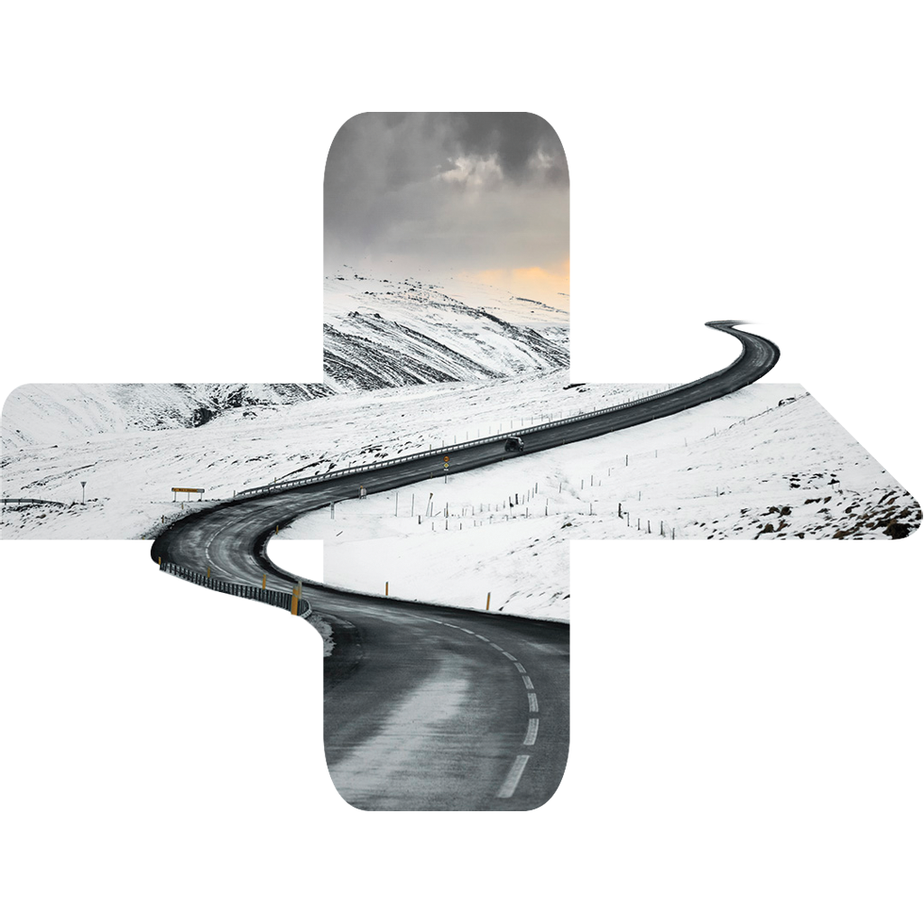 Road through a snowy landscape.