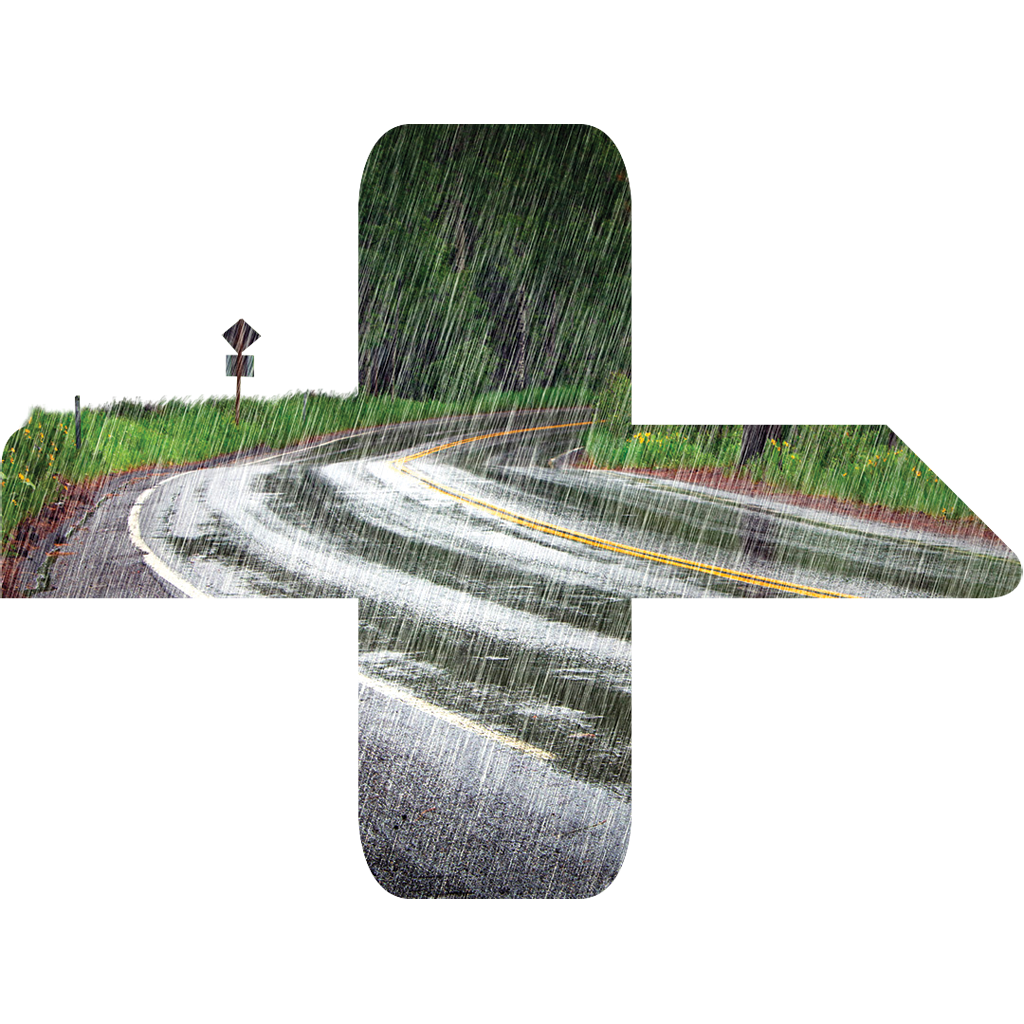 Wet road with rain falling.